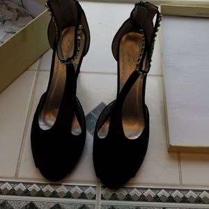 Black suede 4inch heels w/rhinestone trim